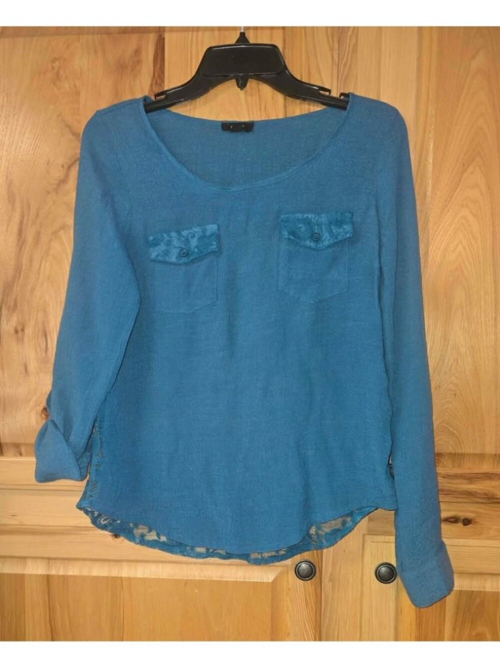 MINE Size Medium Teal Blouse With Pockets Long Roll Tab Sleeves Lace Back